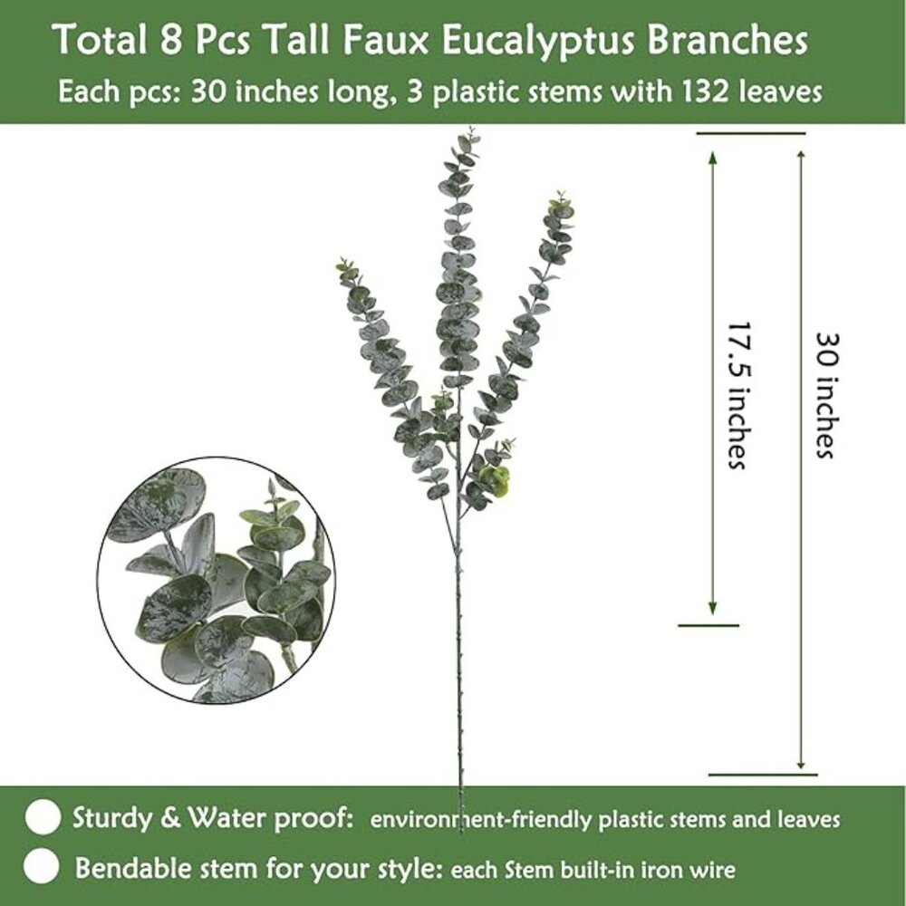 Naidiler Faux Eucalyptus Branches | 8 Pcs Artificial Greenery Stems | NEW - Picture 4 of 4